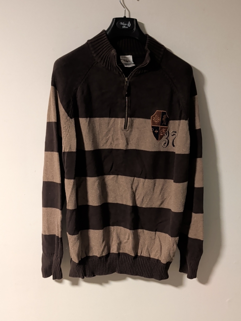 Disney Men’s Brown and Tan Striped Half-Zip Sweater With Crest XL